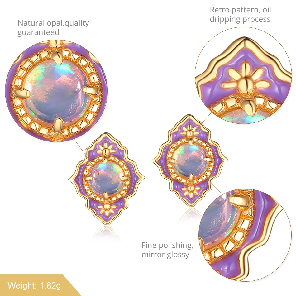 ALLNOEL 925 Sterling Silver Natural Mystic Opal Stud Earrings for Women Geometric Purple Enamel Vintage Gifts Fine Jewelry