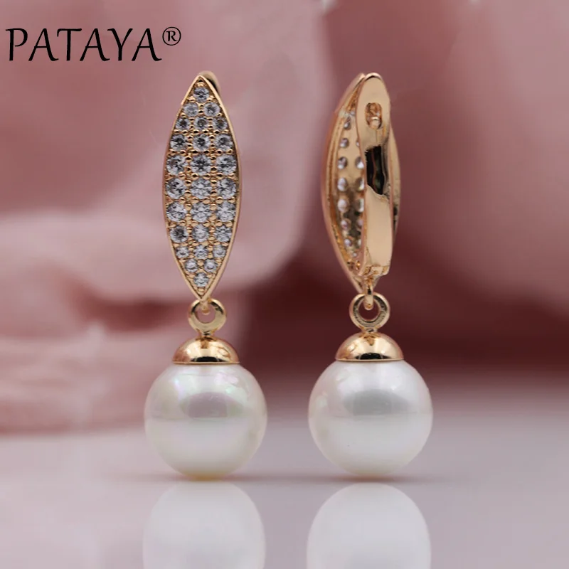 PATAYA New 585 Rose Gold Color Micro-wax Inlay Natural Zircon Shell Pearls Long Dangle Earrings Women Wedding Luxury Jewelry