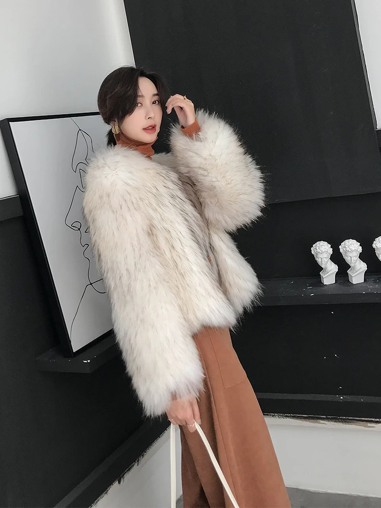 Imported raccoon fur woven fur coat female short paragraph fox fur long sleeve round neck 2019 winter new style