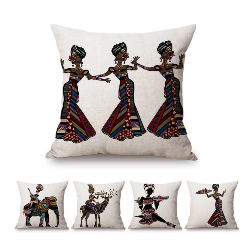 Abstract Africa Art Dancing African Women Painting Exotic Decoration Style Cushion Cover Elephant Cotton Linen Sofa Throw Pillow