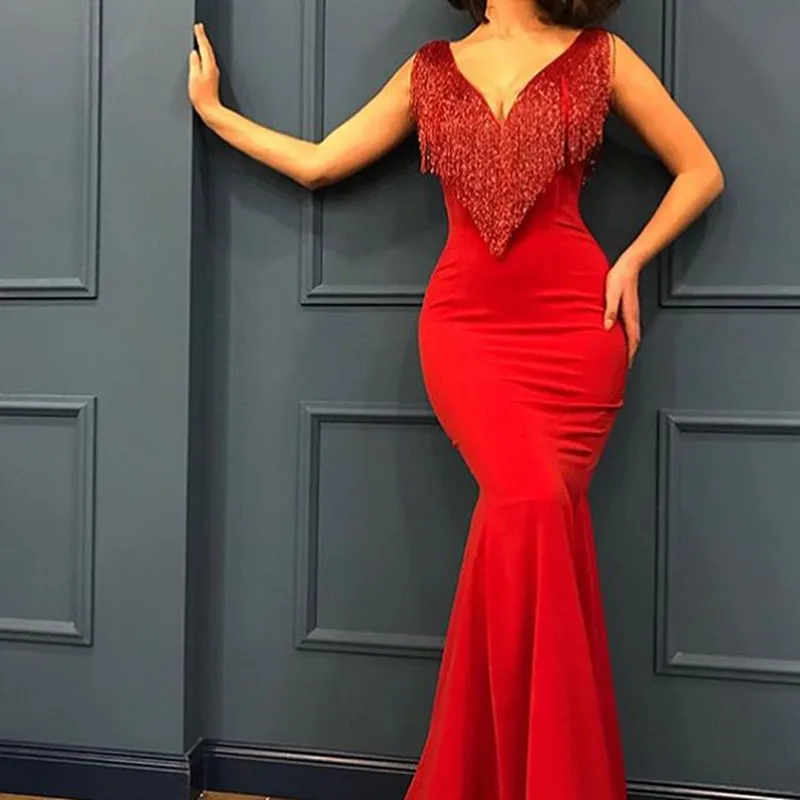 Vestido de baile janeini 2019, elegante, longo, vermelho, sereia, gola v profunda, luxo, frisado pesado, sem mangas, vestido de baile, cetim