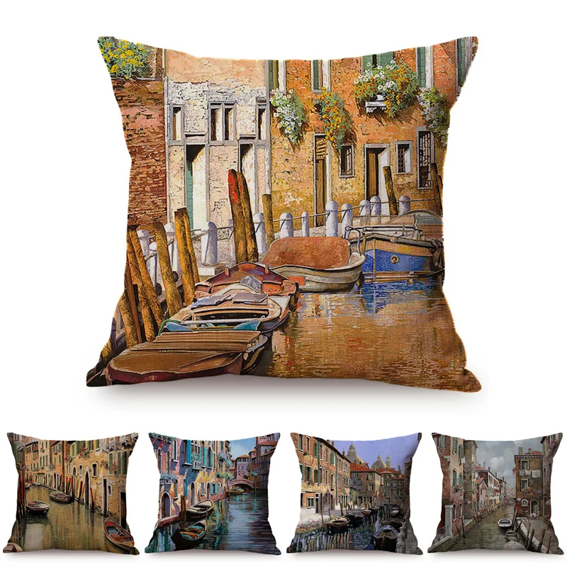 Italy Venice Scenery 3D Oil Painting Style Home Decorative Cushion Cover Boat Famous Rivers Landscape Car Sofa Throw Pillow Case