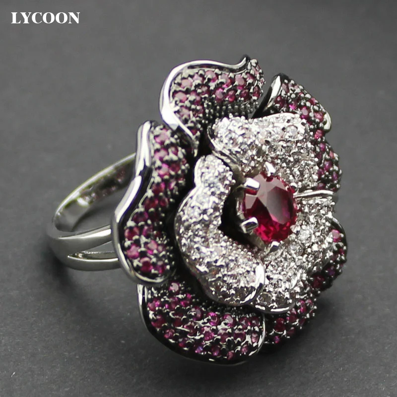 LYCOON Woman\'s luxury brand Flower Zircon Ring Hight quality silver plated purple Austrian  Cubic Zirconia rings Suit party