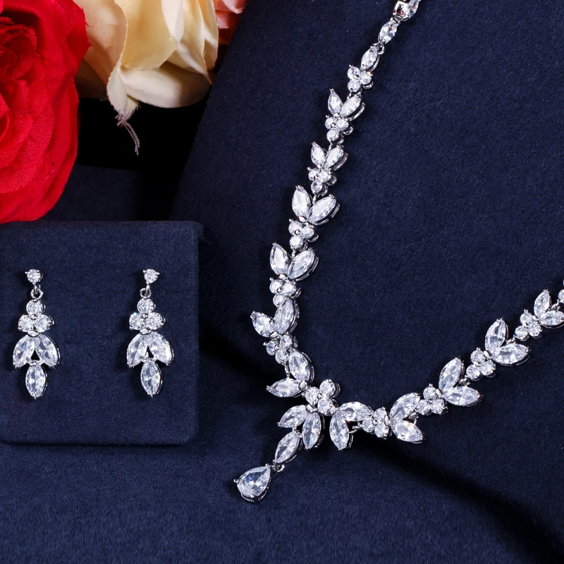 CWWZircons Brilliant Cubic Zircon Party Costume Necklace Earrings Wedding Bridal Jewelry Sets Dress Accessories T326