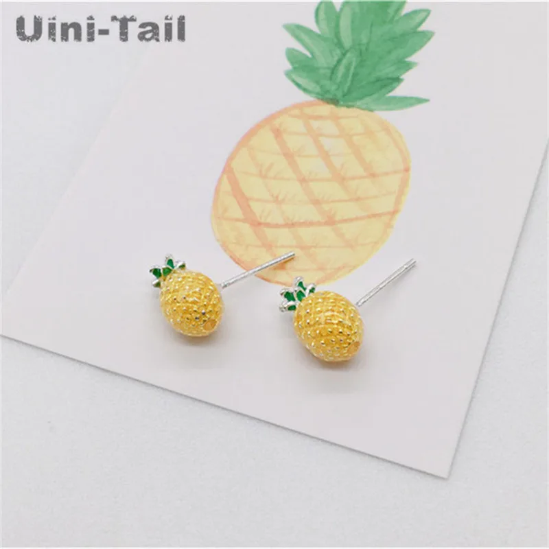 Uini-Tail new hot 925 Tibetan silver creative cute pineapple drop glaze pineapple fruit earrings Korean personality fashion