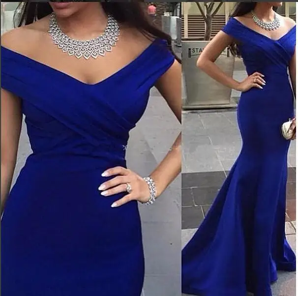 

New Arrival Mermaid Royal Blue Long Evening Dress V-neck Floor Length Women Arabic Evening Gowns robe de soiree