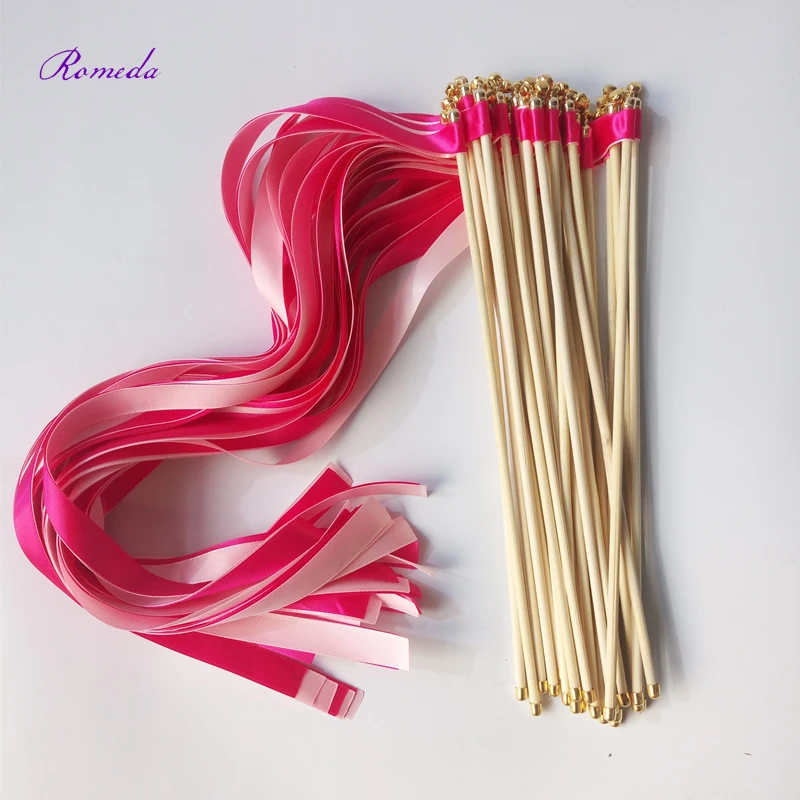 

New Arrived Style L 50pcs/lot fushia and pink ribbon wands with 2 bells and end for wedding party decoration