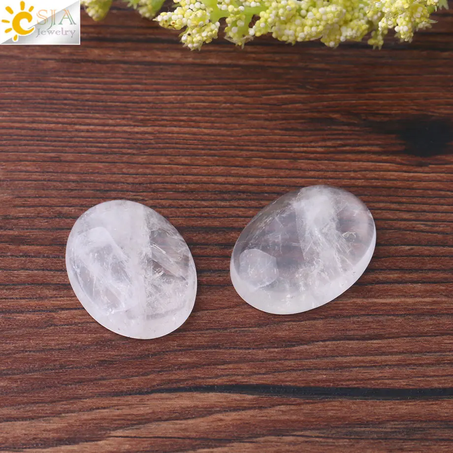 CSJA 1pc Natural Gem Stone White Crystal Cabochon Oval Clear CAB Beads No Drilling Hole for Jewelry Making DIY Pendant Ring F812