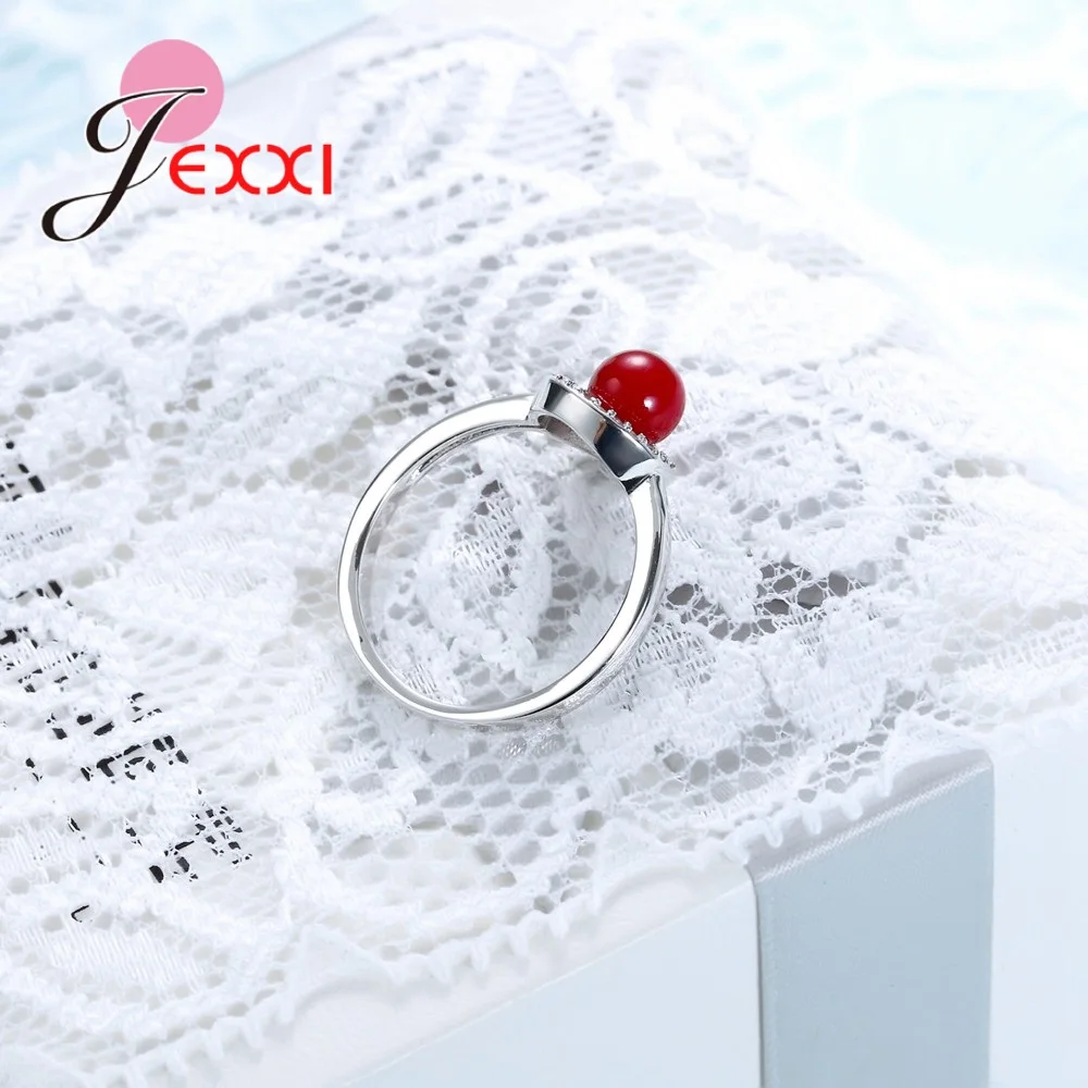 Eenvoudige Stijl 925 Sterling Zilveren Kleur Ringen Ronde Setting Oostenrijkse Kristal Cz Verloving Vrouwen Sieraden Rode Kleur Bal Ring