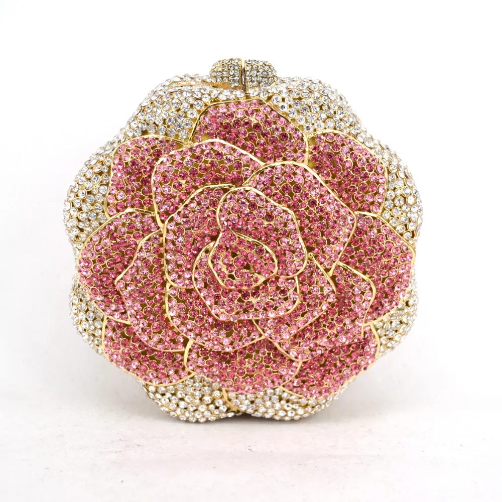 Pink Rose Flower Shaped Crystal Clutch bag diamond colorful Handmade Evening bags Bridal purse Customized Handbags SC021