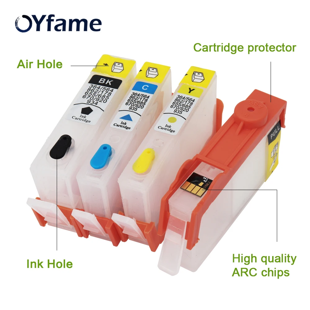 OYfame 4PCS for HP364 Ink Cartridge with ARC Chip for HP 364 Refillable Cartridge For HP B109a B110a B110c B209a 7510 Printer