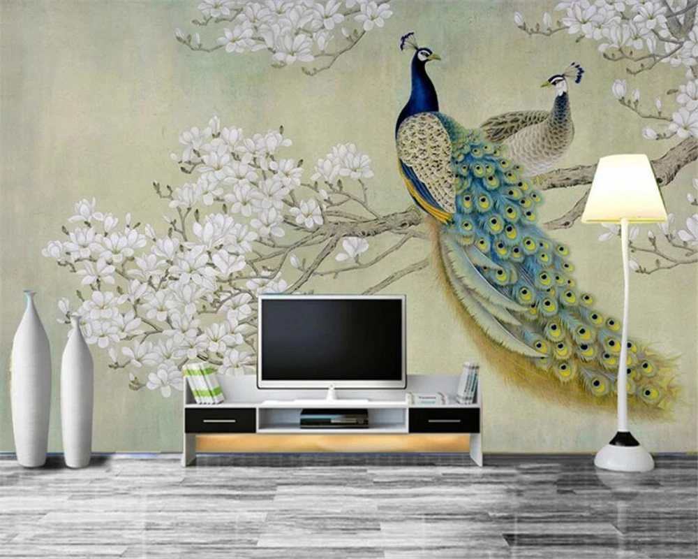 beibehang Photo wallpaper 3d papel de parede Chinese cloth room bedroom TV backdrop bird peacock large mural magnolia wallpaper