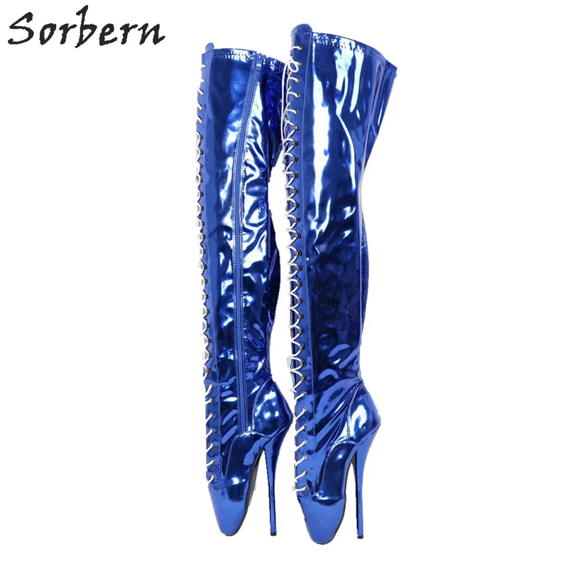 Sorbern Metallic Green Mid Thigh Boots Women Ballet Stilettos 18Cm Women'S Shoes 44 Custom Leg Measurement Footwear Sm Boot