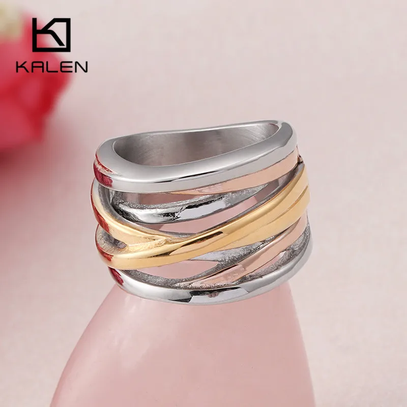 KALEN Stainless Steel Color Rings For Women Bohemia Rose Gold Tri-color X Finger Rings For Girls Fashion Ladies Rings Jewelry