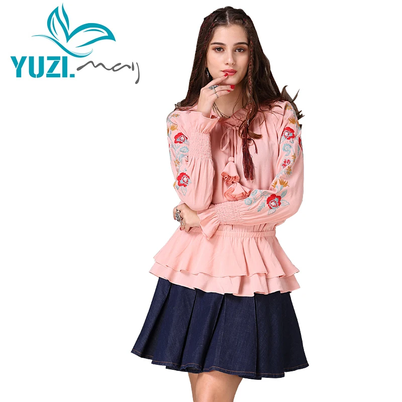 

Women's Blouse 2018 Yuzi.may Boho New Cotton Linen Blouses Flare Sleeve Flower Embroidery Ruffles Hem Loose Women Shirt B9253