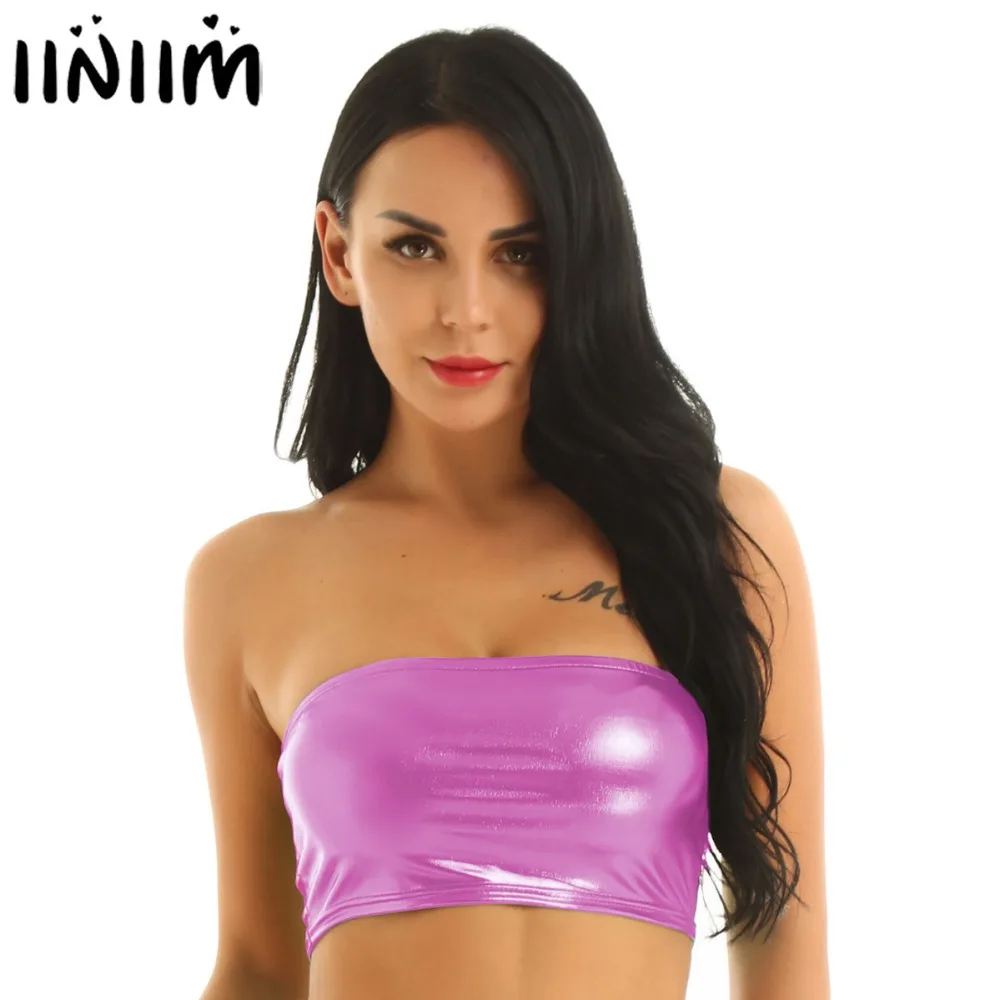 Womens Sexy Clubwear Shiny Metallic Strapless Tube Top No-Padded Wrapped Chest Bandeau Bra Crop Top for Holographic Festivals