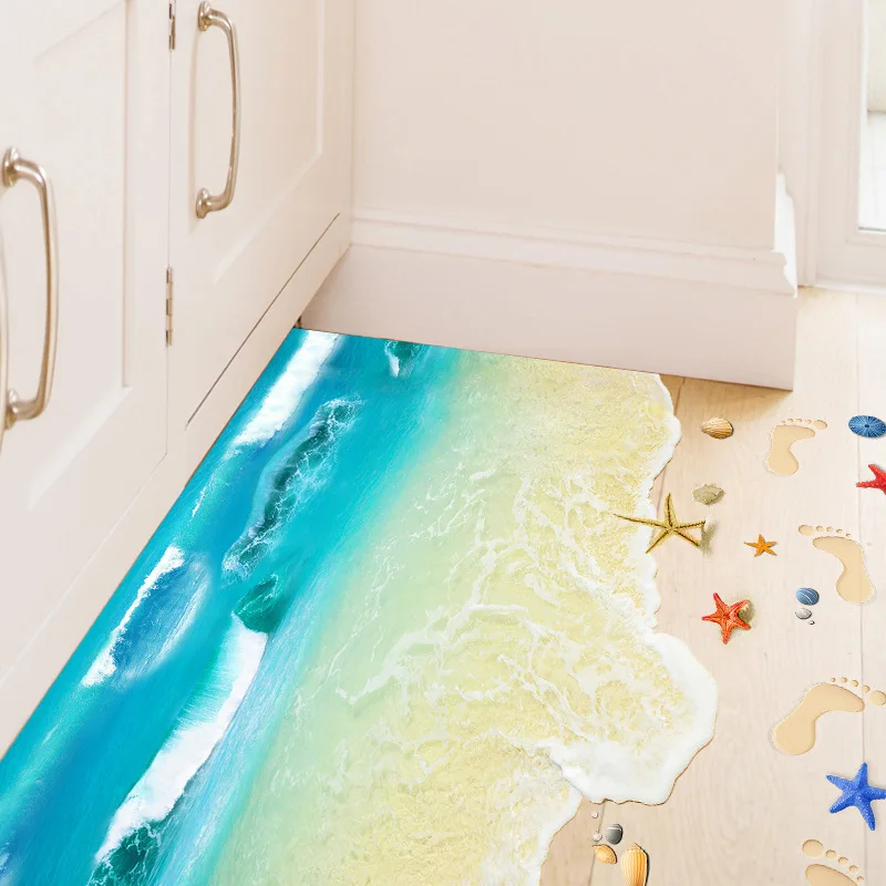 3D Summer Cool Sandy Beach Floor Wall Stickers Shell Foot Diy Sticker For Livingroom Bathroom Kitchen Indoor Non-Slip Poster