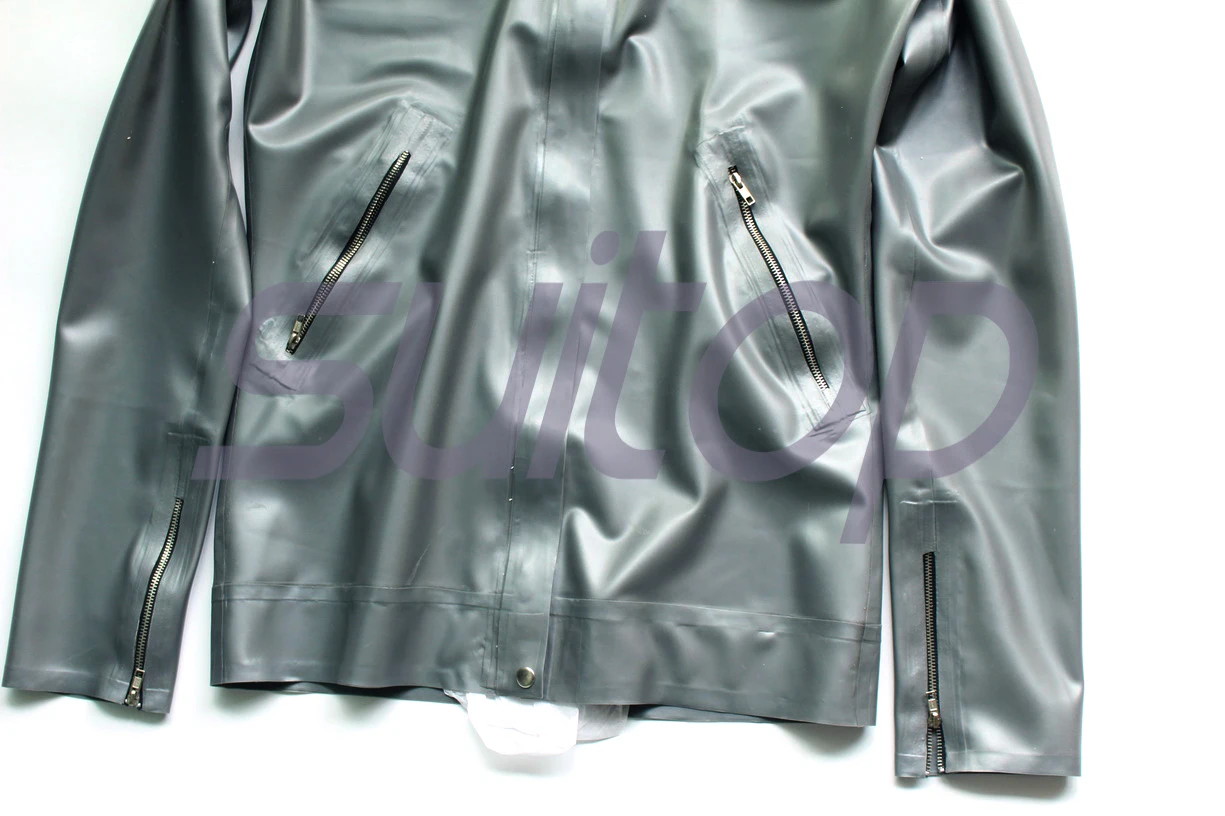 Men 's latex jacket with high neck rubber latex in metallic silver