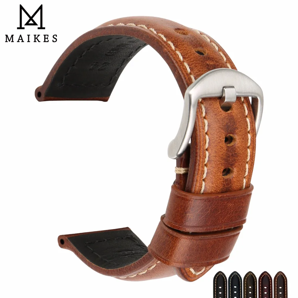 MAIKES Watchband Vintage Oil Wax Leather Strap Watch Bracelet 20mm 22mm 24mm Watch Accessories Watch Band For Panerai Citizen