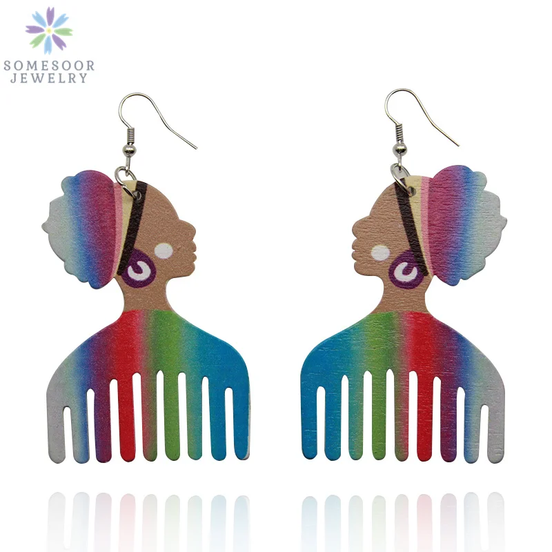 SOMESOOR Rainbow Color African Headwrap Comb Wood Drop Earrings Afrocentric Natural Hair Ethnic Bohemian Jewelry For Women Gifts