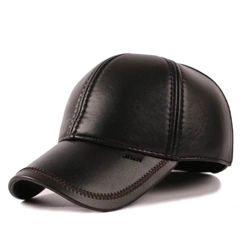 Autumn And Winter Leather Ear Protection Baseball Cap Man Winter Leather Hat Male Warmth Winter Hat Leather Cheap Viosr image 2