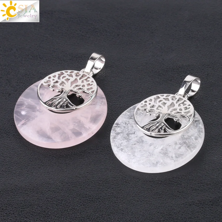 CSJA Natural Stone Tree of Life Charm Pendant Round Hollow Donut Reiki Silver Color Pendants Necklace for Women Men Jewelry F951