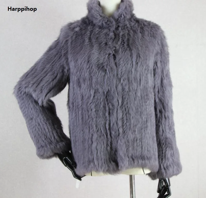 Harppihop-abrigo de piel de conejo auténtico para mujer, chaqueta de piel de conejo de punto, prendas de vestir cálidas para invierno, HP-716