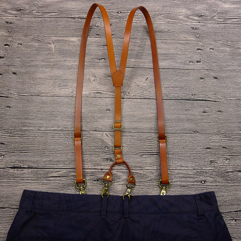 Phong Cách Anh Quốc Móc Nam Treo Áo Vintage Điều Chỉnh Unisex Da Thật Chính Hãng Da Suspender Đồng Dây Đeo Vai Quần Treo Áo Nam