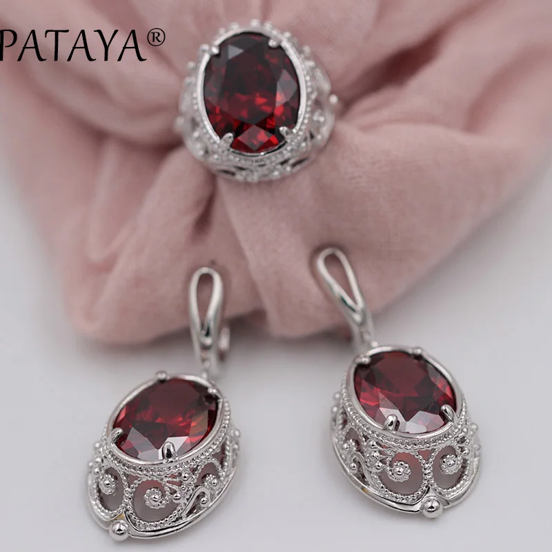 PATAYA Women Wedding True White Gold Color Jewelry Set Green Big Natural Zirconia Hollow Earrings Ring Sets Trendy India Jewelry