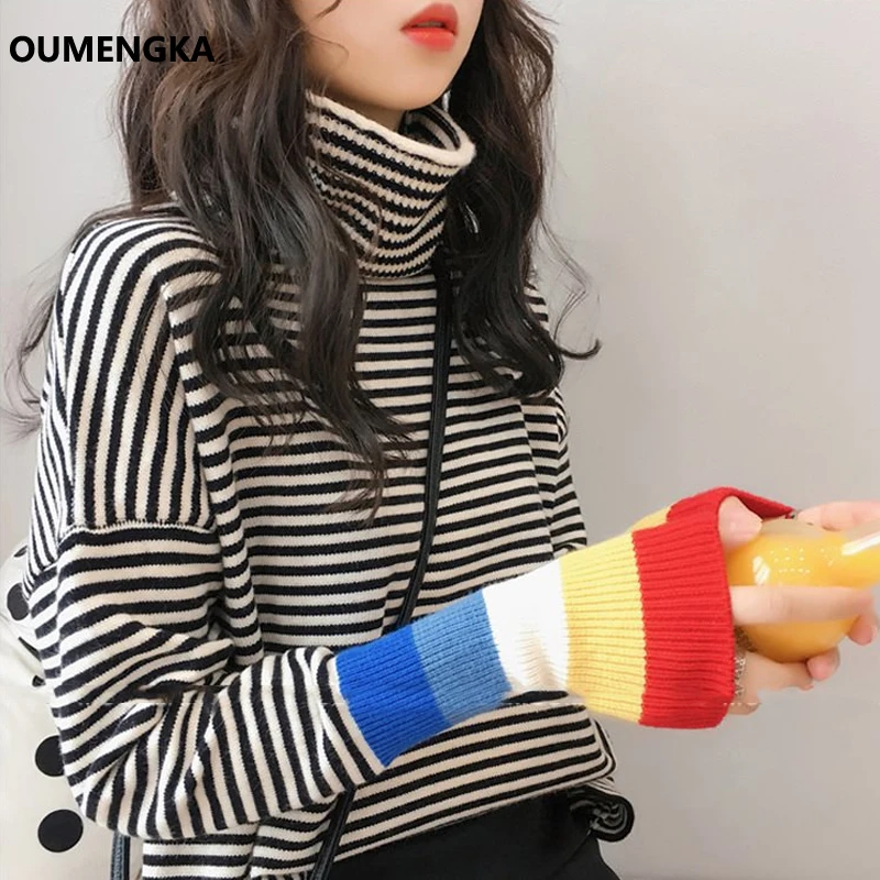 Female Korean Harajuku Clothing For Women Loose Wild Striped Casual Sweater Rainbow Sleeve Turtleneck Kawaii  Pullover Jumper