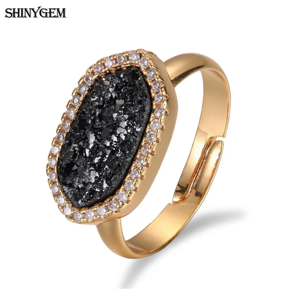 

ShinyGem Fashion Crystal Ring Colorful Oval Eye Natural Druzy Rings Adjustable Size Luxury Pure Gold Big Wedding Rings For Women