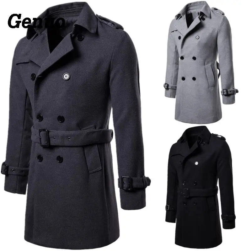 

Genuo Autumn Winter Men Wool Coat Slim Fit Designed Lapel Double-breasted Overcoat Windbreaker Long Sleeve Coat Jacket Outerwear