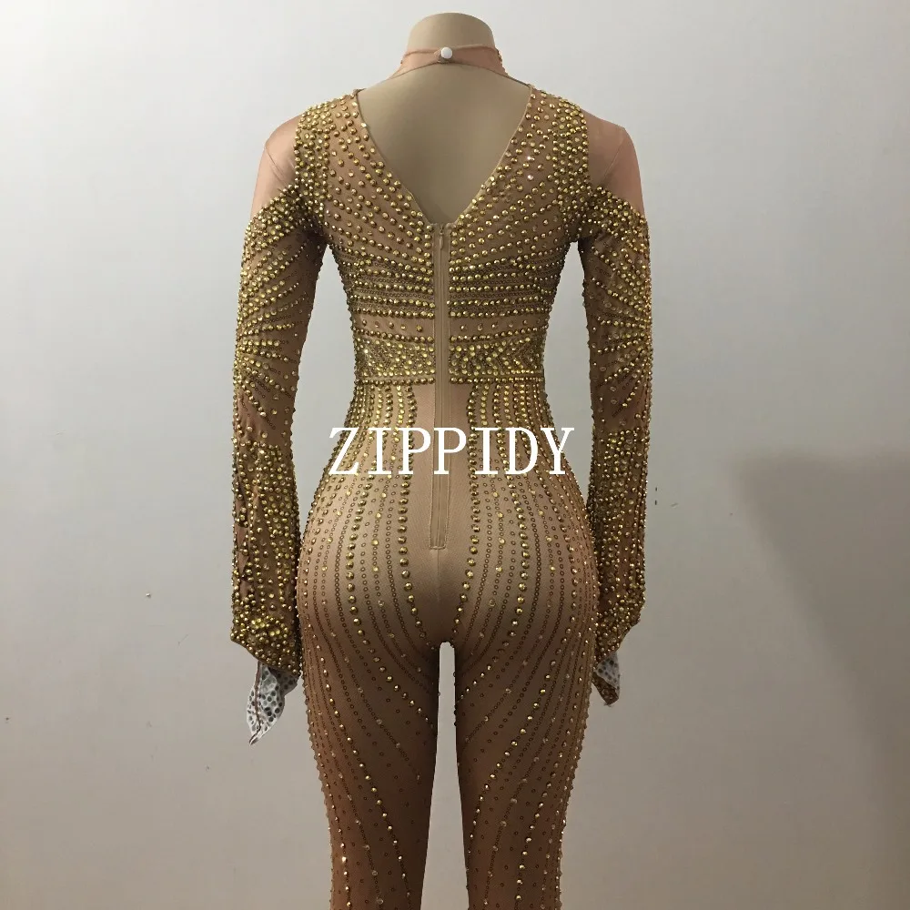 Vàng sang trọng Thạch Jumpsuit Phụ Nữ của Stretch Bodysuit Trang Phục Bling Quần Áo Sân Khấu Hộp Đêm Lấp Lánh Trang Phục Đá Mặc