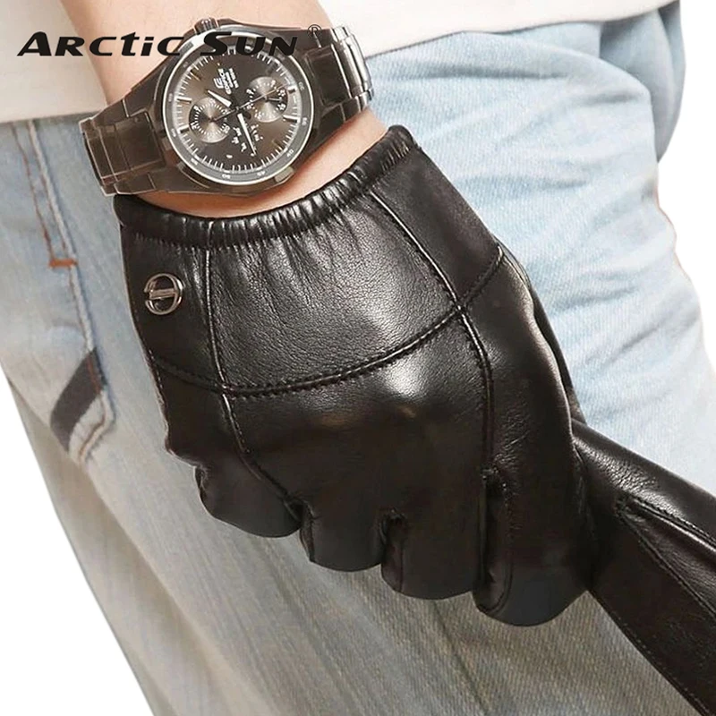 Men Real Leather Gloves Fashion Touchscreen Genuine Leather Thin Velvet Driving Sheepskin Glove Male Fashion Black EM004PC2