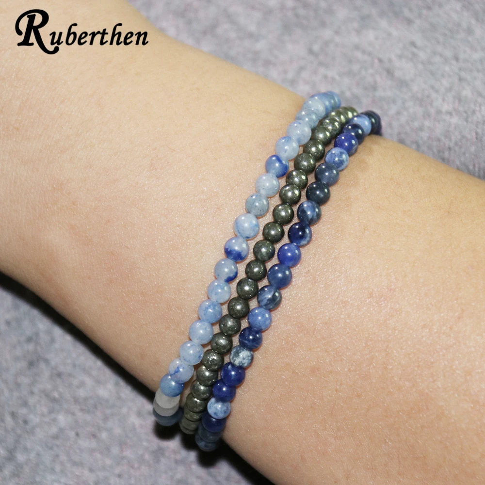 Ruberthen Blue Aventurine Bracelet Natural Pyrite Jewelry Sodalite Bracelet Set 4 mm Gemstone Energy Bracelets