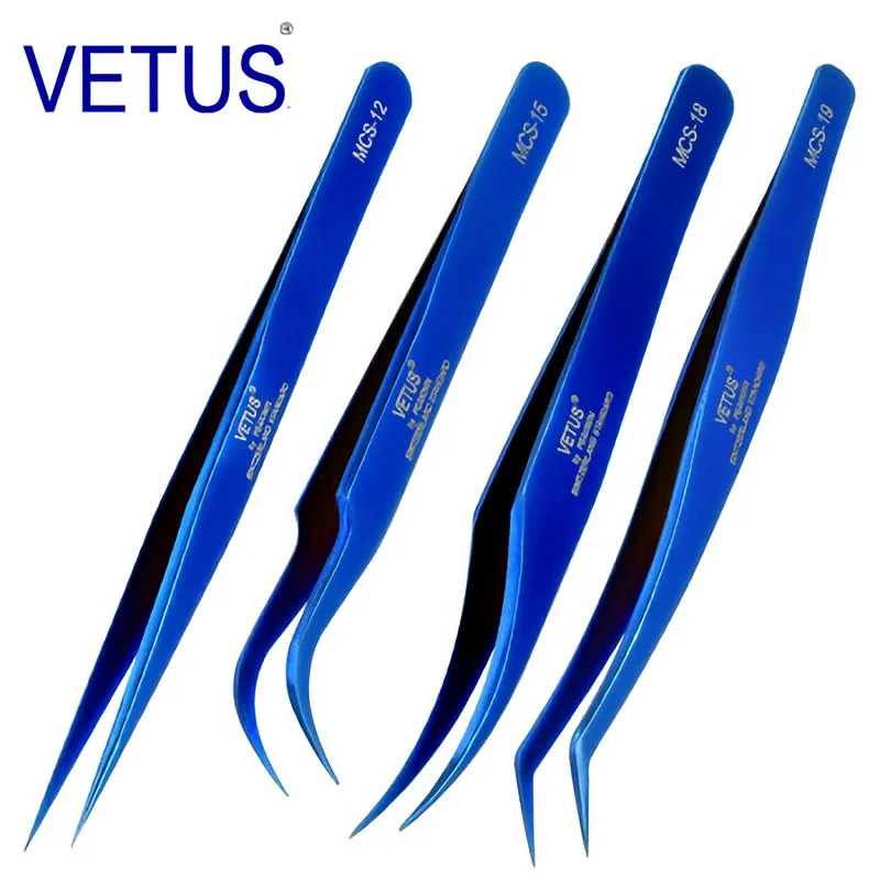 4PCS Vetus Original MCS Series Gold Premium Beauty Makeup Tweezers for Eyelashes Extension Ultra Fine Tip Clip