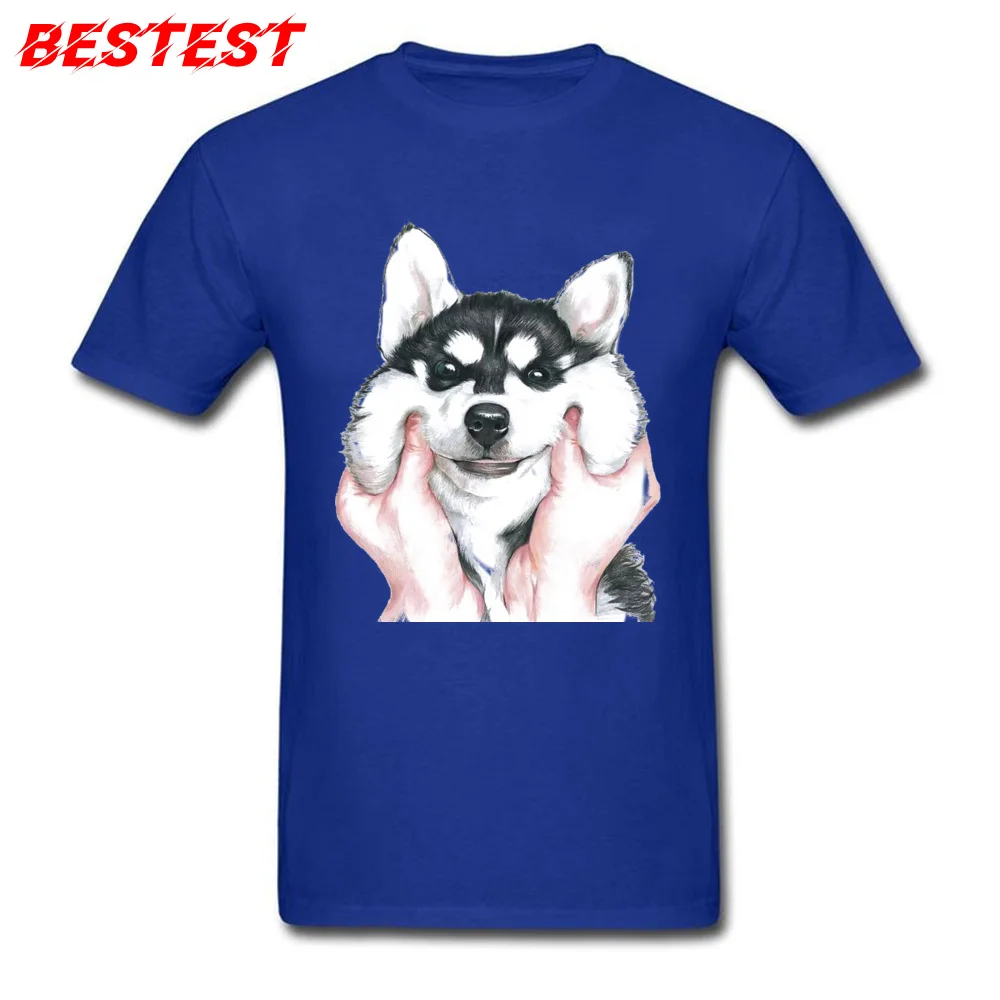 Kaus Lucu Kaus Pria Desainer Pakaian Atasan Gambar Wajah Besar Husky Siberia Kaus Menyenangkan Katun Dewasa Biru Kaus Hewan Peliharaan Anjing