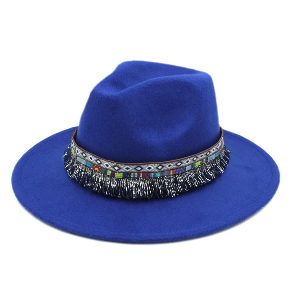 

Mistdawn Winter Autumn Women Ladies Fedora Hat Wide Brim Panama Cap Wool Blend Jazz Trilby Churh Caps Bohemia Tassel Band