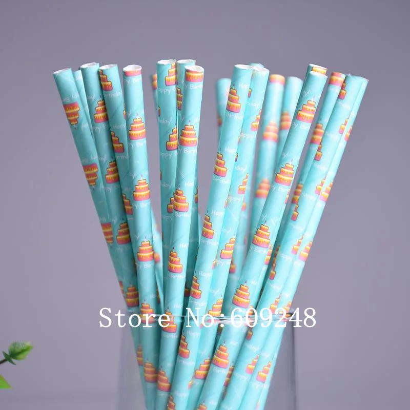 Happy Birthday Cake Paper Straws,Kids, Children Birthday Party, Baby Shower,Light Blue Mason Jar, Drinking Straws, Bulk, 100 Pcs