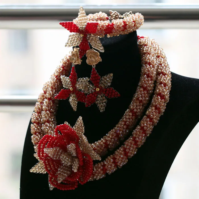2017 Fantastic Gold and Red Crystal Flowers Jewelry Sets African Beads Bridal Wedding Jewelry Necklace Set Free ShippingABH491