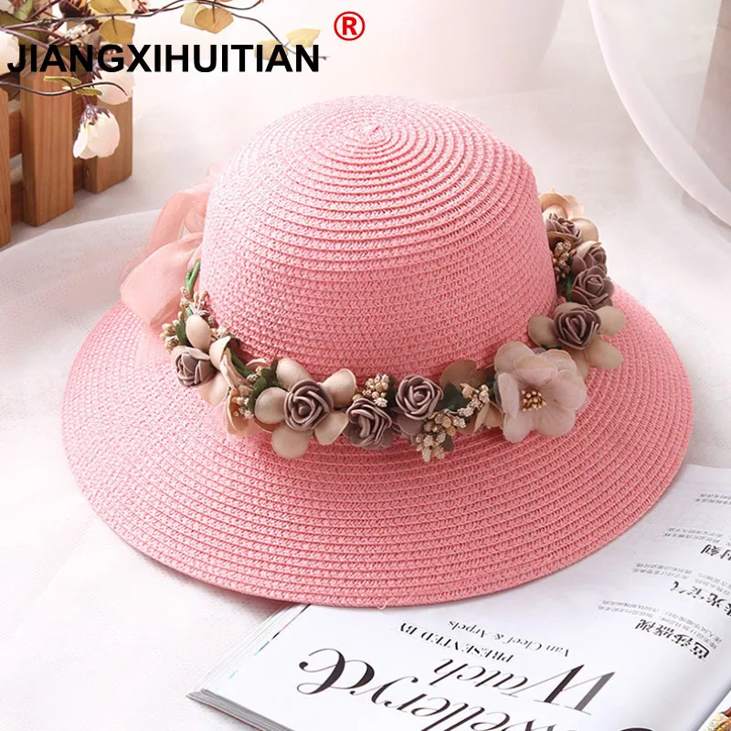 2017 Summer new Handmade flower straw hat women's Garland sunbonnet bucket hat hem beach cap sun hat for women