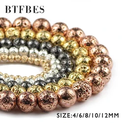 BTFBES Silver Plated Gold Color Lava Beads Volcanic Rock Natural Stone 4 6 8 10 12mm Loose beads for Jewelry Bracelet Making DIY