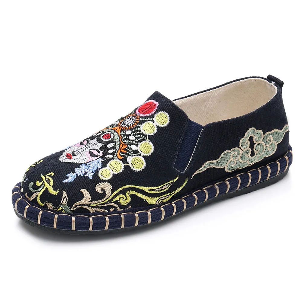 Veowalk Chinese Opera Embroidery Women Canvas Loafers Ladies Comfort Slip-on Flats Soft Cotton Embroidered Shoes