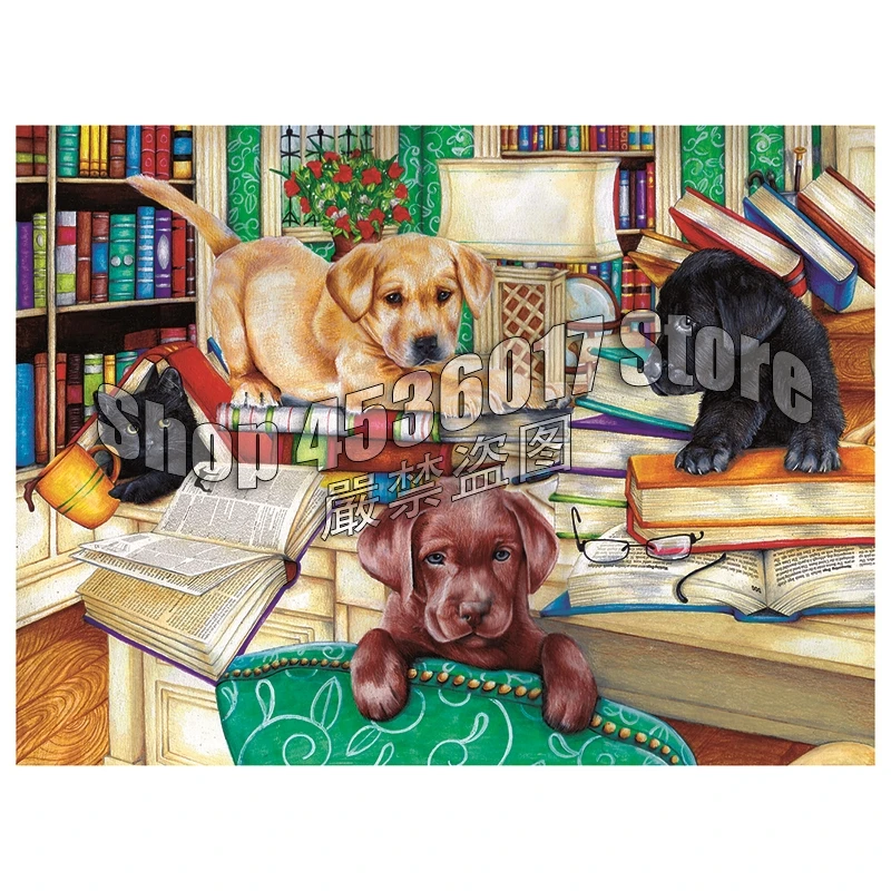 

Reading Time Dogs Literature Needlework Embroidery DIY Full Diamond Painting Cross Stitch Square Rhinestone Handmade Room Crafts