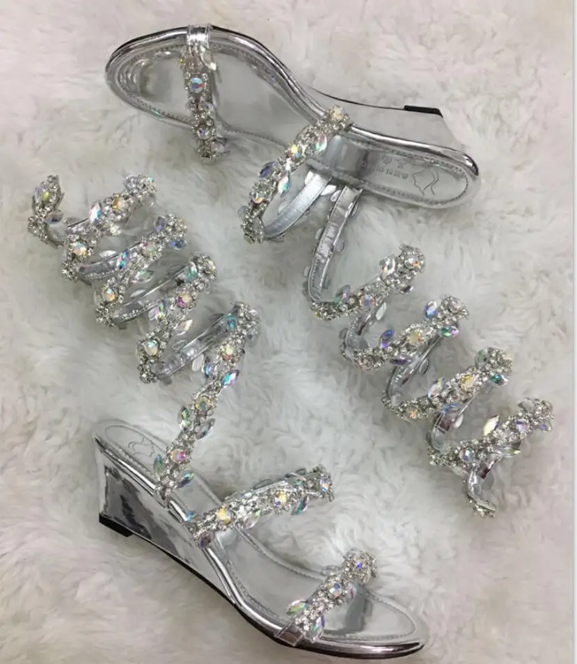 YUE JABON Summer Flats Sandal Gladiator Rhinestone Knee High Slip On Woman Boots Bohemia Style Crystal Beach Wedge Shoes