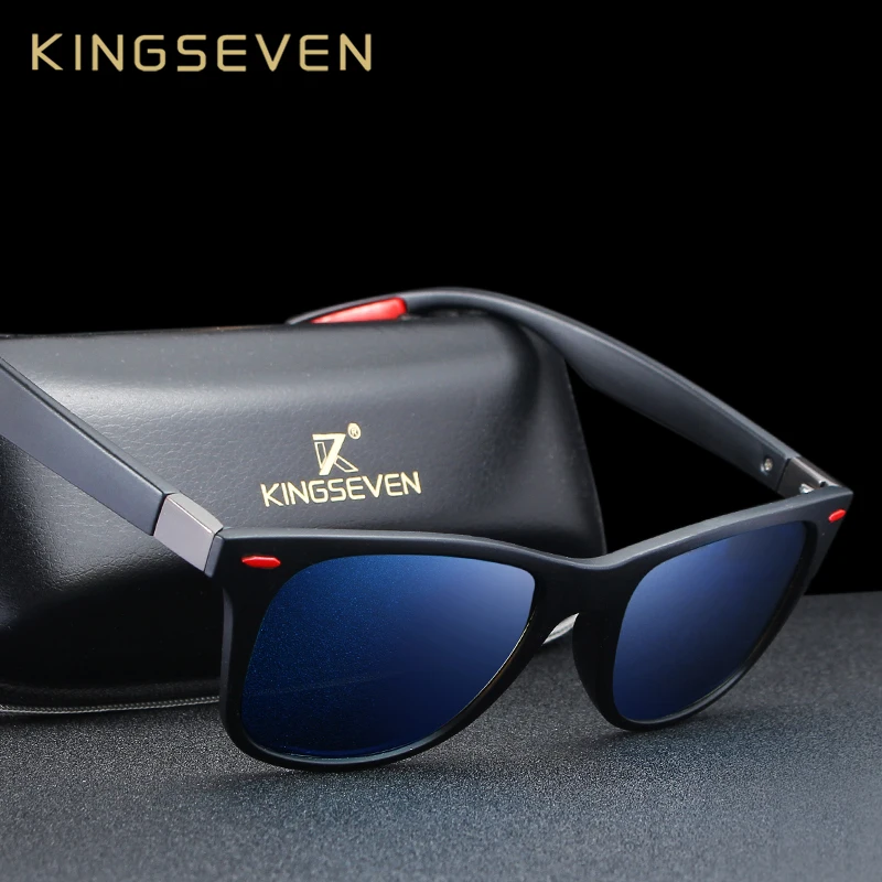 KINGSEVEN-Óculos de sol quadrados polarizados masculinos, lente espelho, óculos de sol unisex, óculos com moldura preta, marca, clássico