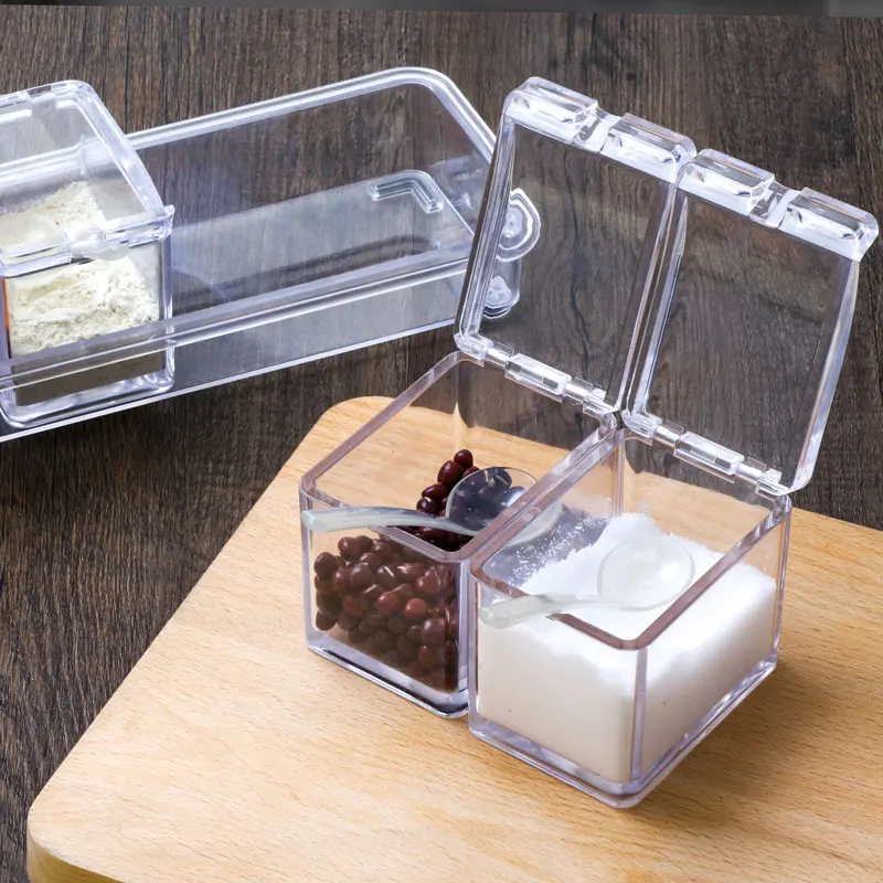 Clear Seasoning Rack Spice Pots - 4 Piece Acrylic Seasoning Box - Storage Container Condiment Jars - Cruet with Cover and Spoon