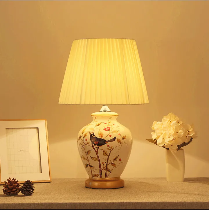 Chinese style bird ceramic Table Lamps White lamp body classical fabric E27 LED lamp for bedside&foyer&studio&tea room MF003