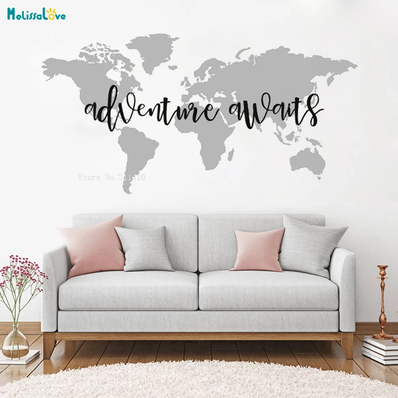 Adventure Awaits World Map Quote Vinyl Wall Decal Home Deocr Living Room Office Removable Art Vinyl Sticker Murals YT1102