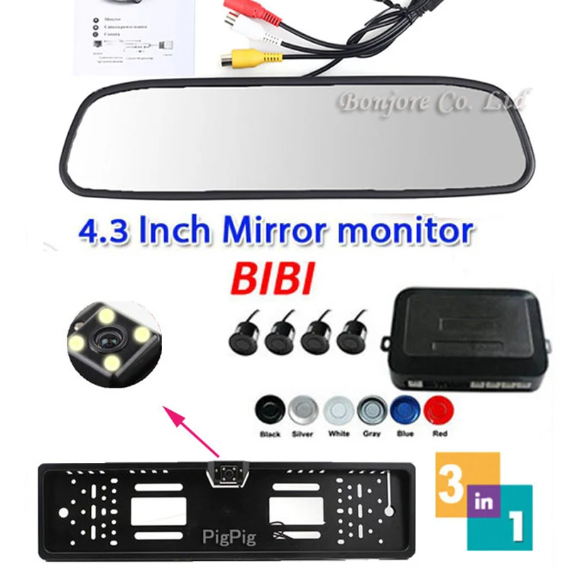 3 in 1 Auto Video Parking 4 Sensor Assistance System + License Plate Frame Rear View Camera + 4.3 inch LCD Car Mirror Monitor